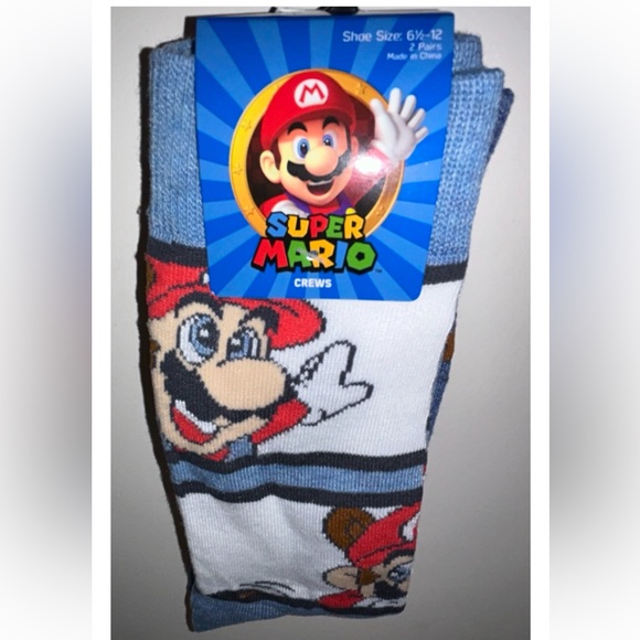 Super Mario Bros 3 Crew Socks 2 Pair Men 6.5-12 Blue Gray Red w Raccoon NES 8Bit - Picture 11 of 11